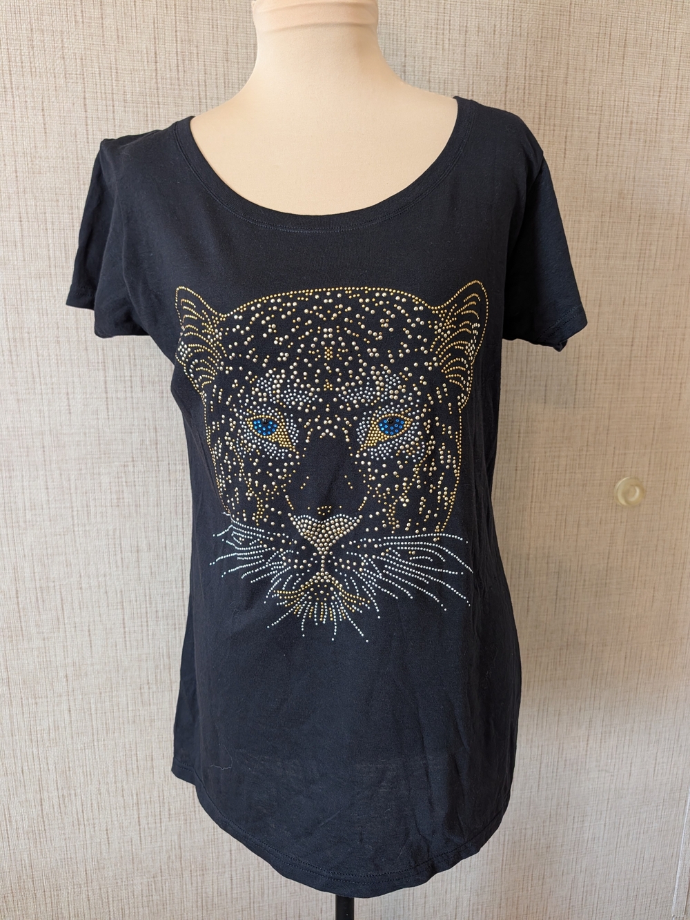 Tultex Black Short Sleeve Tee with Rhinestone Leopard Motif